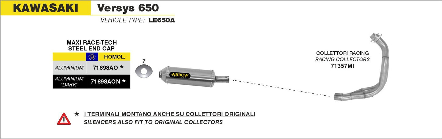 Kawasaki VERSYS 650 2007-2014 Arrow udstødning. Slip-on udstødninger, komplette udstødninger, manifold/forrør. Find det hos Pitboxen.dk