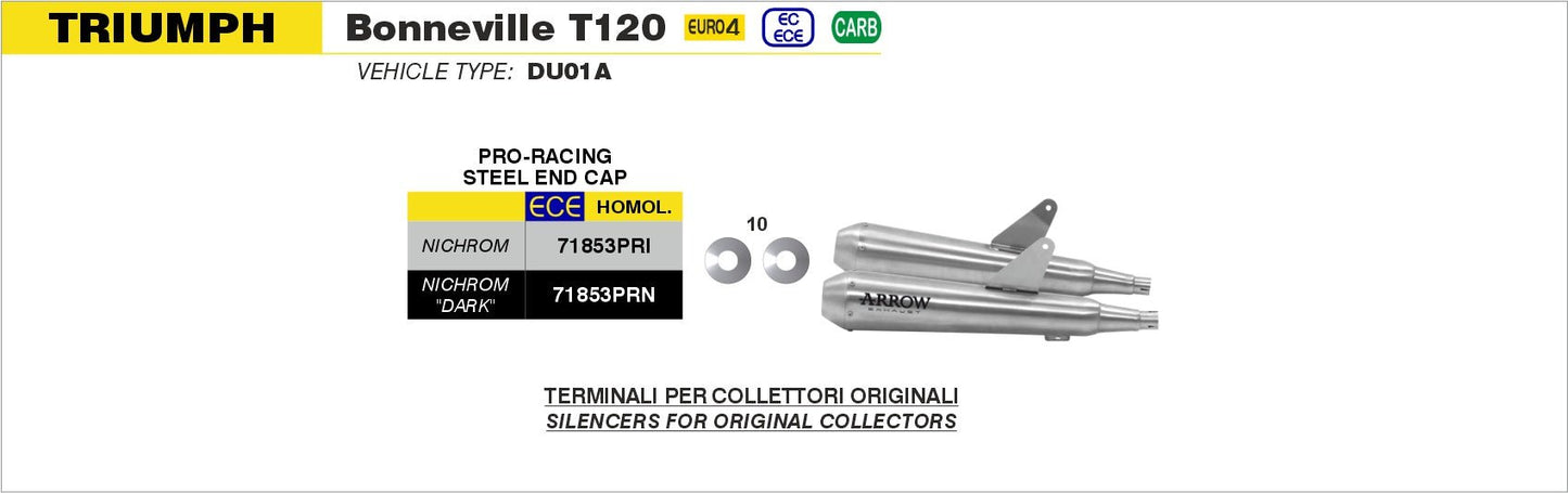 Triumph BONNEVILLE T120 2016-2019 Arrow udstødning. Slip-on udstødninger, komplette udstødninger, manifold/forrør. Find det hos Pitboxen.dk