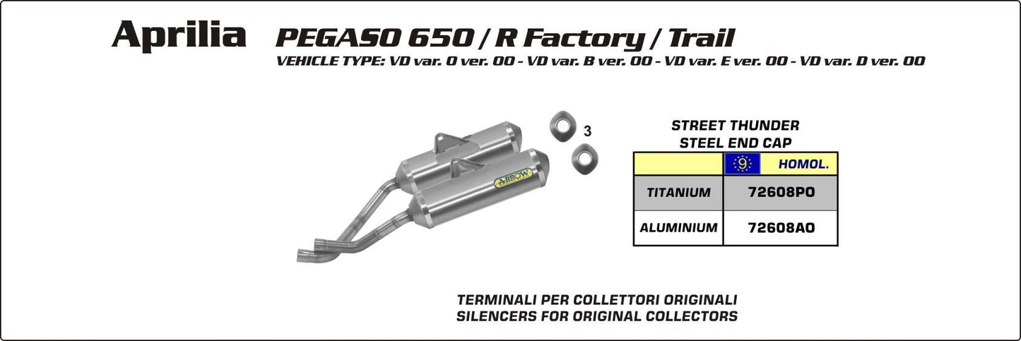 Aprilia PEGASO 650 TRAIL 2005-2011 Arrow udstødning. Slip-on udstødninger, komplette udstødninger, manifold/forrør. Find det hos Pitboxen.dk