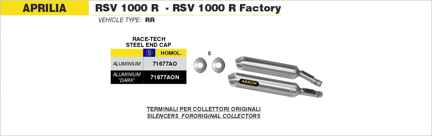 Aprilia RSV 1000 R / R Factory 2004-2008 Arrow udstødning. Slip-on udstødninger, komplette udstødninger, manifold/forrør. Find det hos Pitboxen.dk
