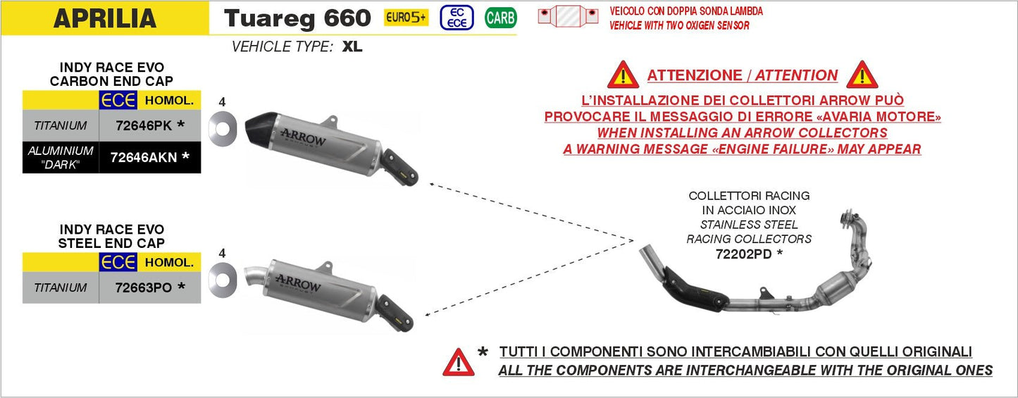 Aprilia TUAREG 660 2025- Arrow udstødning. Slip-on udstødninger, komplette udstødninger, manifold/forrør. Find det hos Pitboxen.dk