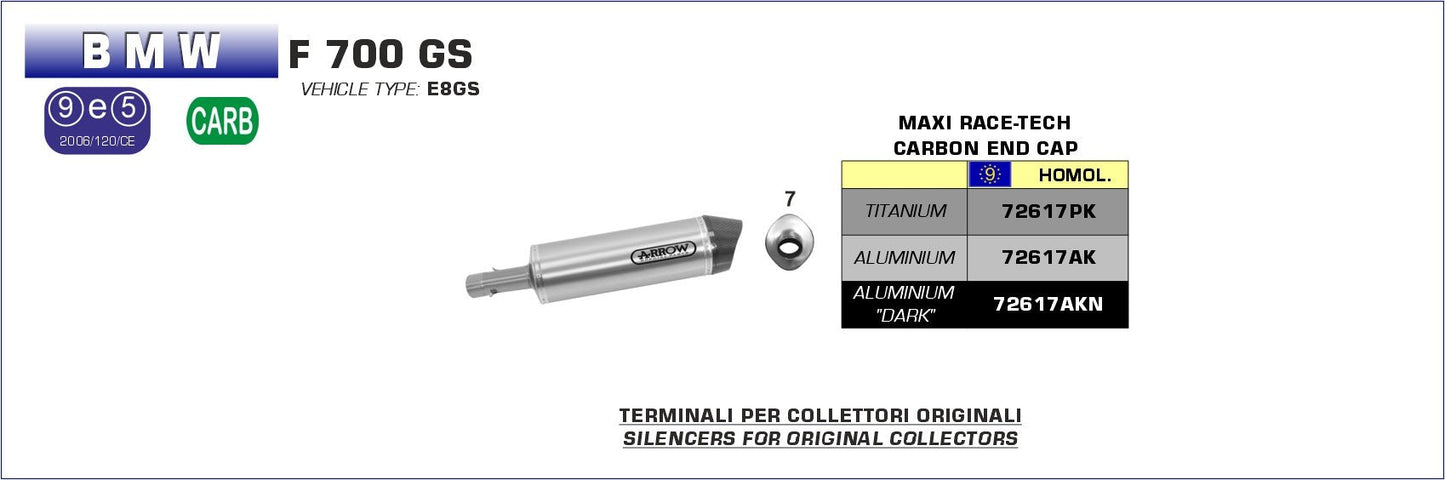 BMW F 700 GS 2012-2016 Arrow udstødning. Slip-on udstødninger, komplette udstødninger, manifold/forrør. Find det hos Pitboxen.dk