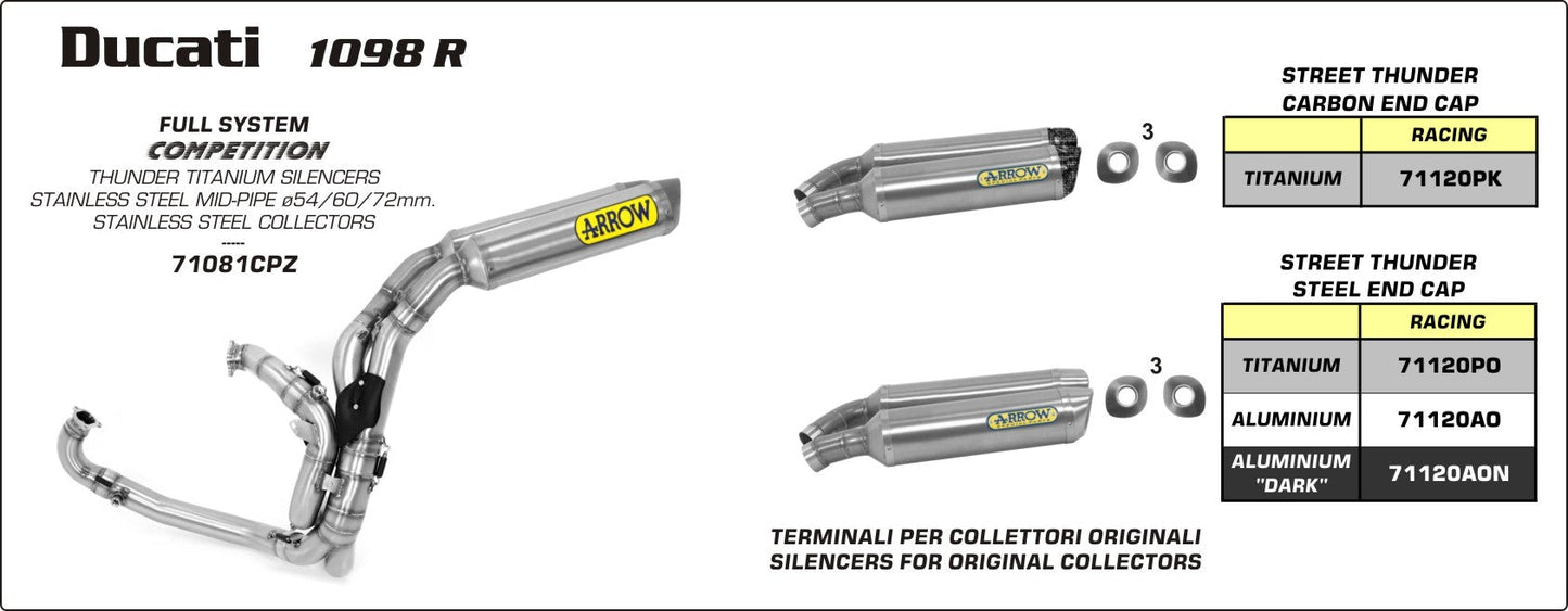 Ducati 1098 R 2008-2009 Arrow udstødning. Slip-on udstødninger, komplette udstødninger, manifold/forrør. Find det hos Pitboxen.dk