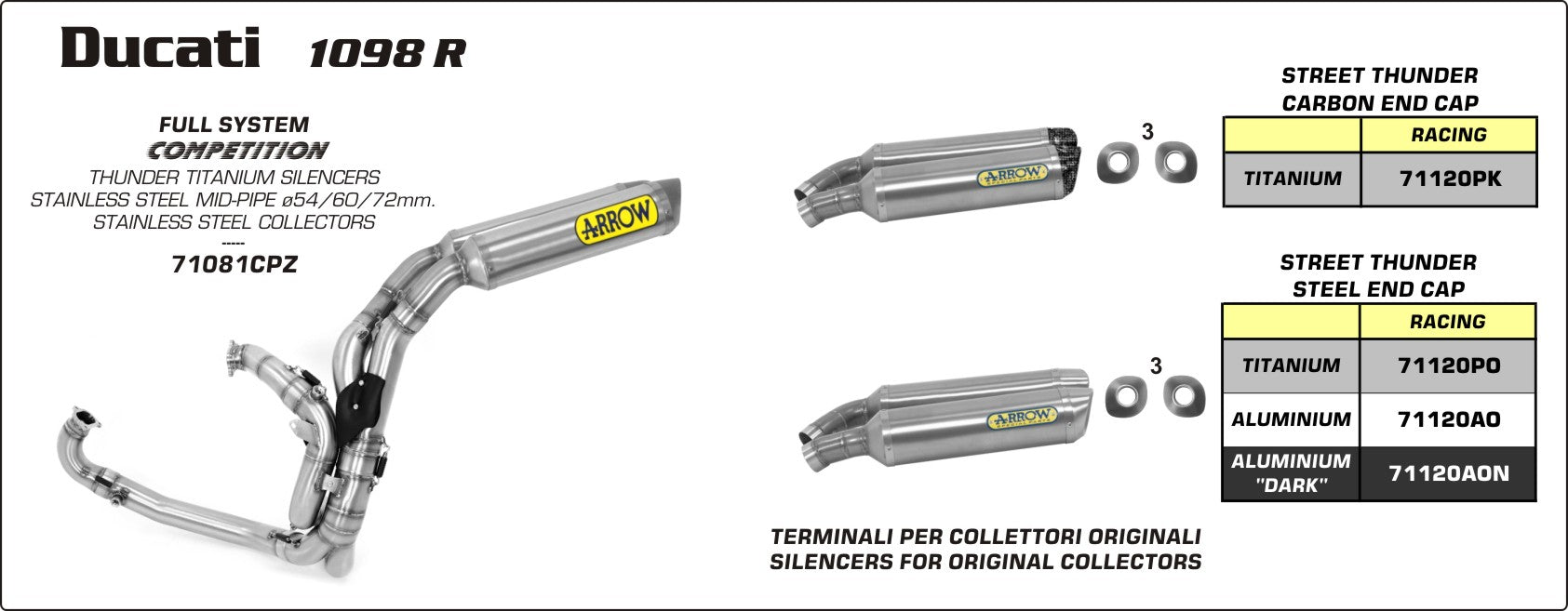 Ducati 1098 R 2008-2009 Arrow udstødning. Slip-on udstødninger, komplette udstødninger, manifold/forrør. Find det hos Pitboxen.dk
