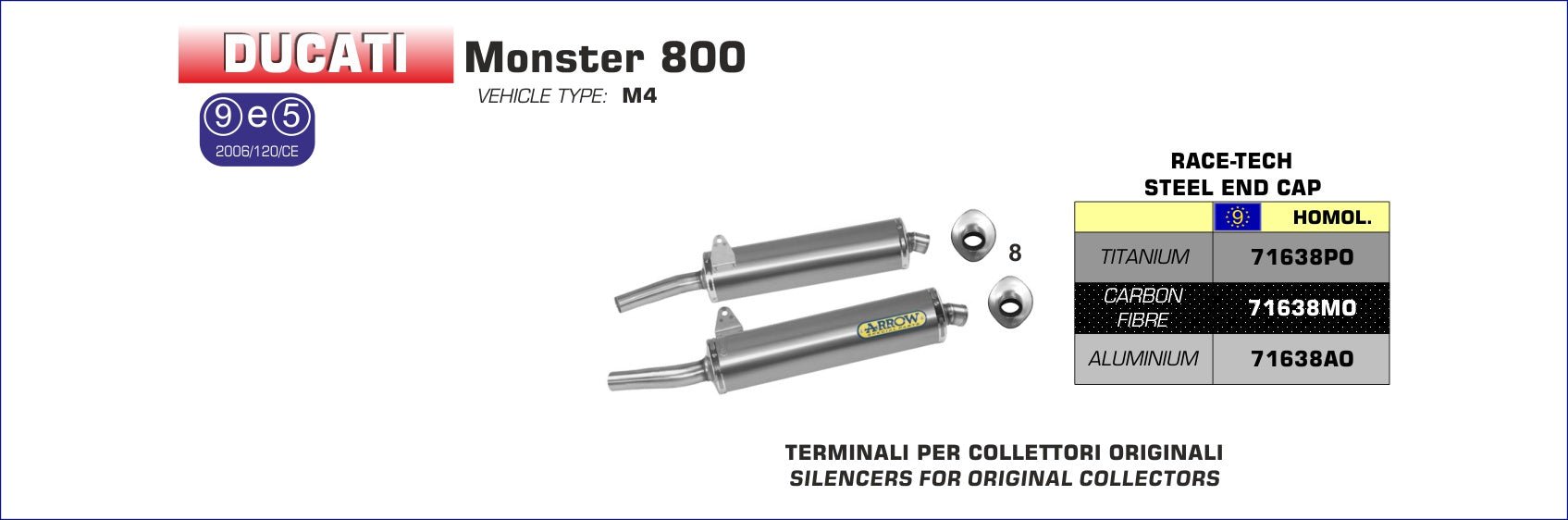 Ducati MONSTER 800 2003-2005 Arrow udstødning. Slip-on udstødninger, komplette udstødninger, manifold/forrør. Find det hos Pitboxen.dk