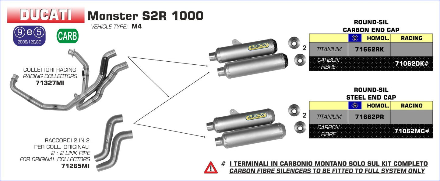 Ducati MONSTER S2R 1000 2005-2006 Arrow udstødning. Slip-on udstødninger, komplette udstødninger, manifold/forrør. Find det hos Pitboxen.dk