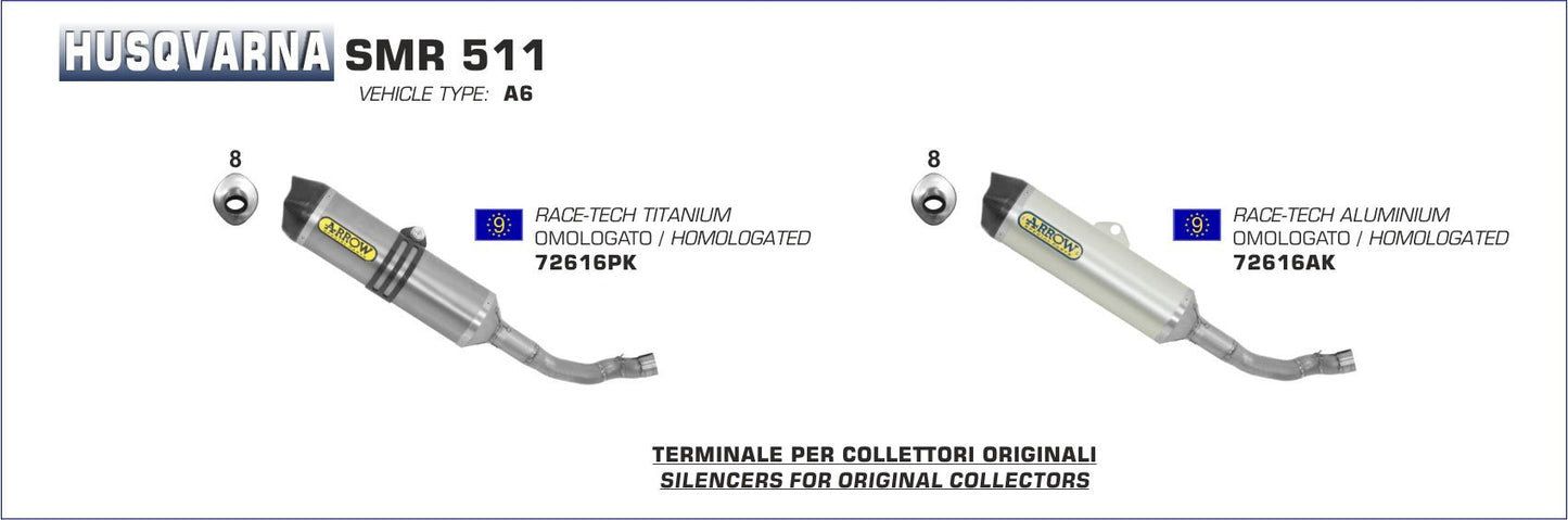 Husqvarna SMR 511 2011-2013 Arrow udstødning. Slip-on udstødninger, komplette udstødninger, manifold/forrør. Find det hos Pitboxen.dk