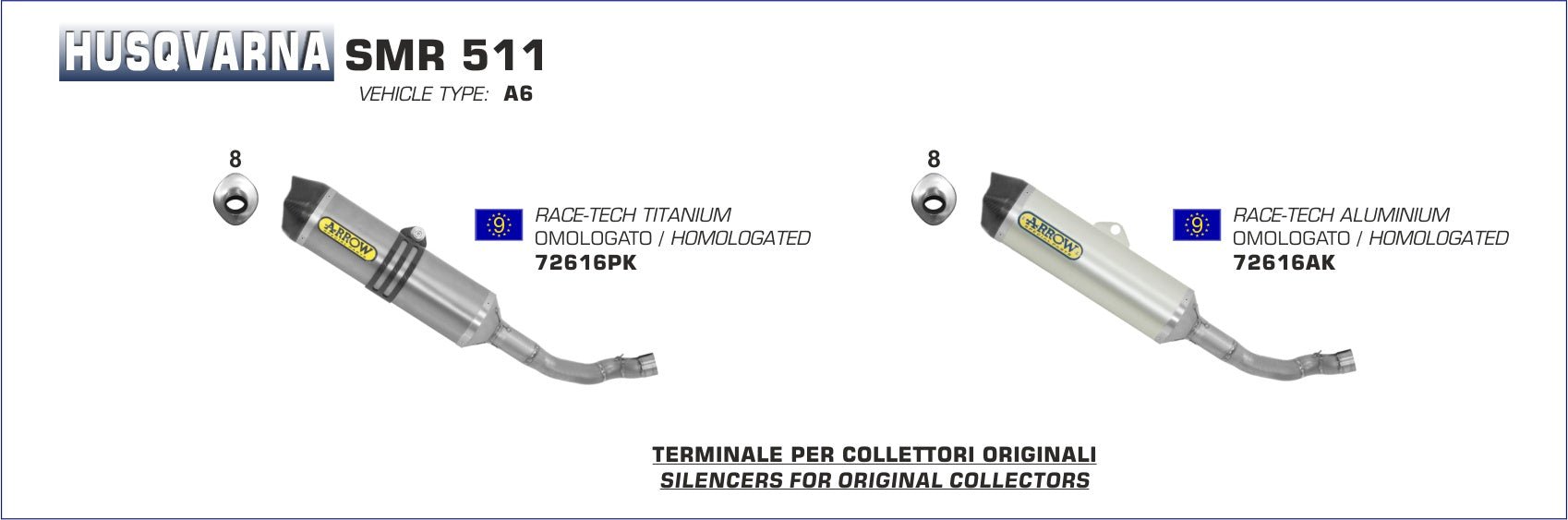 Husqvarna SMR 511 2011-2013 Arrow udstødning. Slip-on udstødninger, komplette udstødninger, manifold/forrør. Find det hos Pitboxen.dk