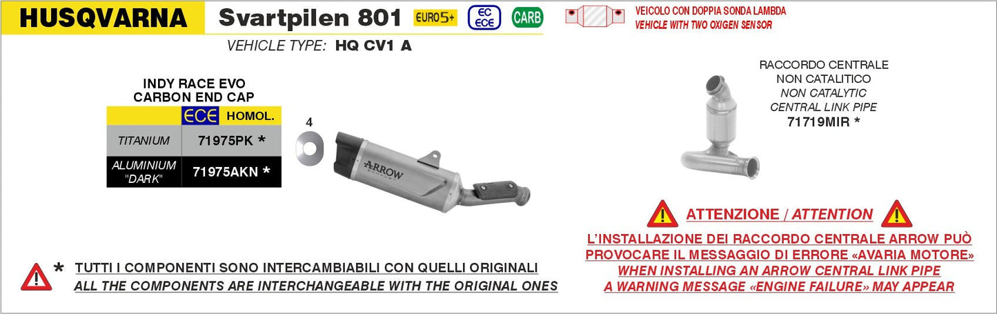 Husqvarna Svartpilen 801 2024-2025 Arrow udstødning. Slip-on udstødninger, komplette udstødninger, manifold/forrør. Find det hos Pitboxen.dk