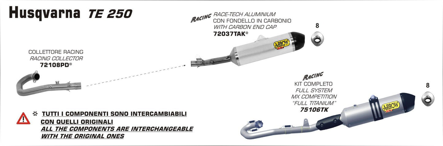 Husqvarna TE 250 2012-2013 Arrow udstødning. Slip-on udstødninger, komplette udstødninger, manifold/forrør. Find det hos Pitboxen.dk