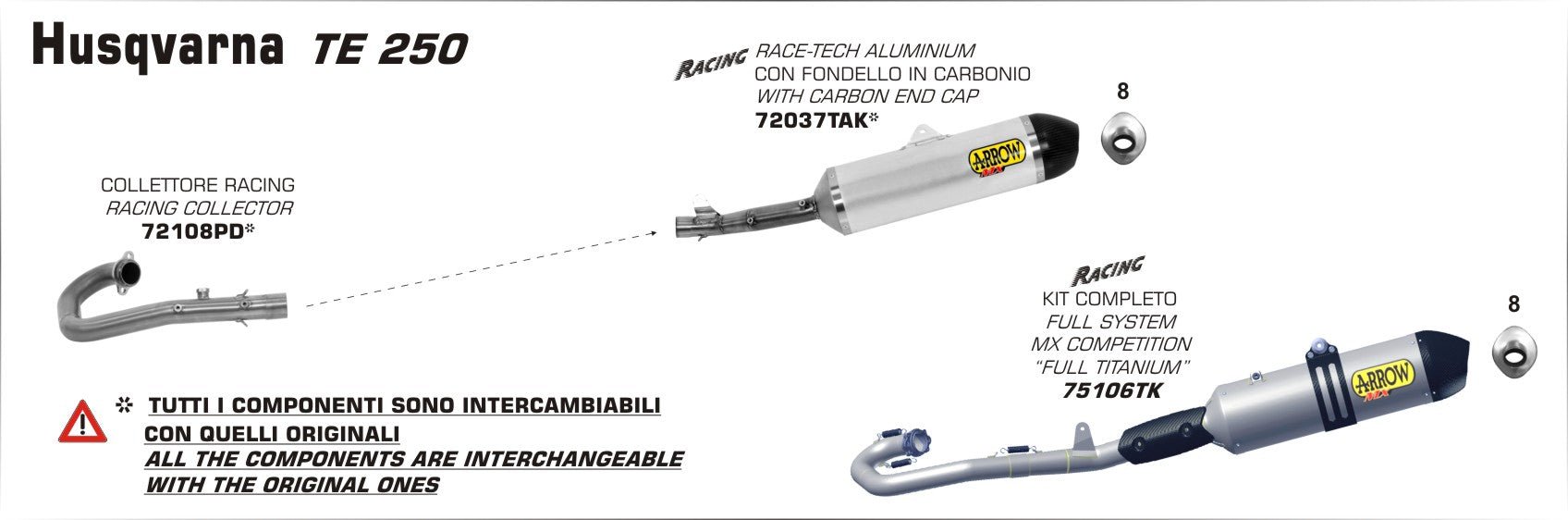 Husqvarna TE 250 2012-2013 Arrow udstødning. Slip-on udstødninger, komplette udstødninger, manifold/forrør. Find det hos Pitboxen.dk