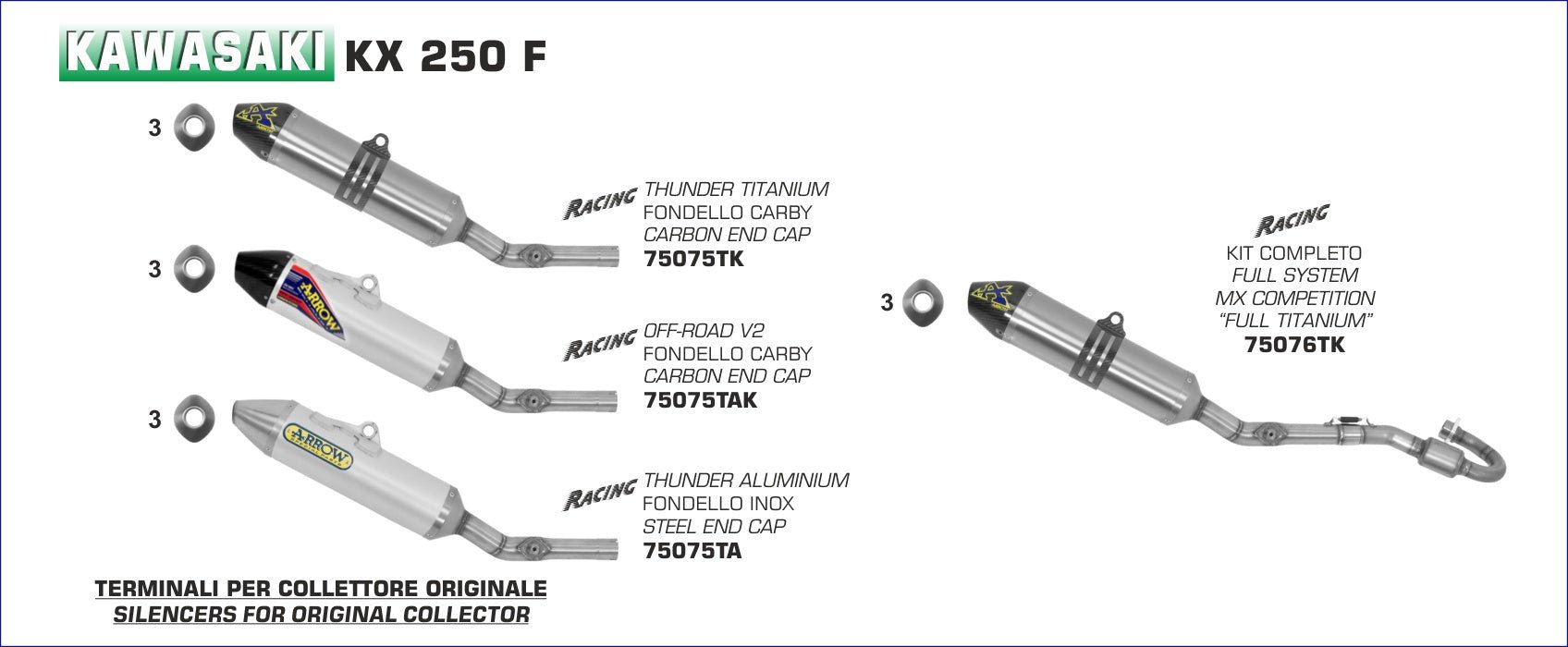 Kawasaki KX 250 F 2009-2013 Arrow udstødning. Slip-on udstødninger, komplette udstødninger, manifold/forrør. Find det hos Pitboxen.dk