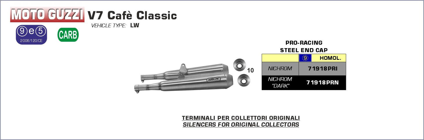 Moto Guzzi V7 Cafè Classic 2009-2012 Arrow udstødning. Slip-on udstødninger, komplette udstødninger, manifold/forrør. Find det hos Pitboxen.dk