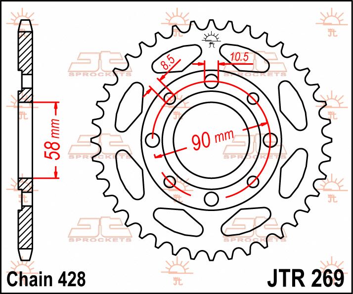 Sort stål bagkædehjul 43T 428 - JTR269.43 - JT Sprockets - Pitboxen.dk