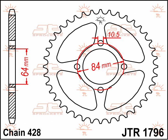 Sort stål bagkædehjul 51T 428 - JTR1796.51 - JT Sprockets - Pitboxen.dk
