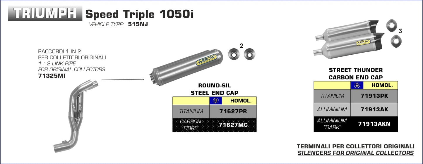 Triumph SPEED TRIPLE 1050i 2005-2006 Arrow udstødning. Slip-on udstødninger, komplette udstødninger, manifold/forrør. Find det hos Pitboxen.dk