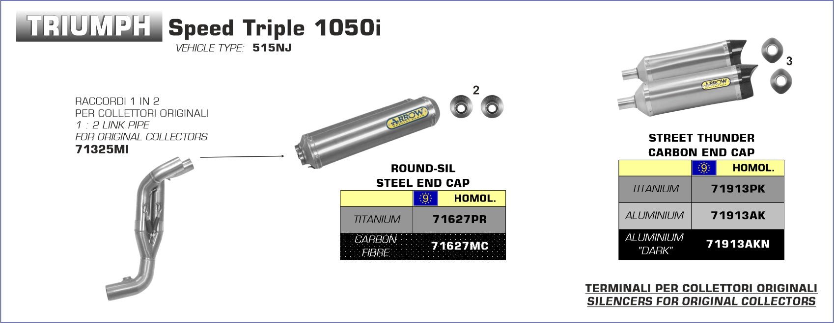 Triumph SPEED TRIPLE 1050i 2005-2006 Arrow udstødning. Slip-on udstødninger, komplette udstødninger, manifold/forrør. Find det hos Pitboxen.dk