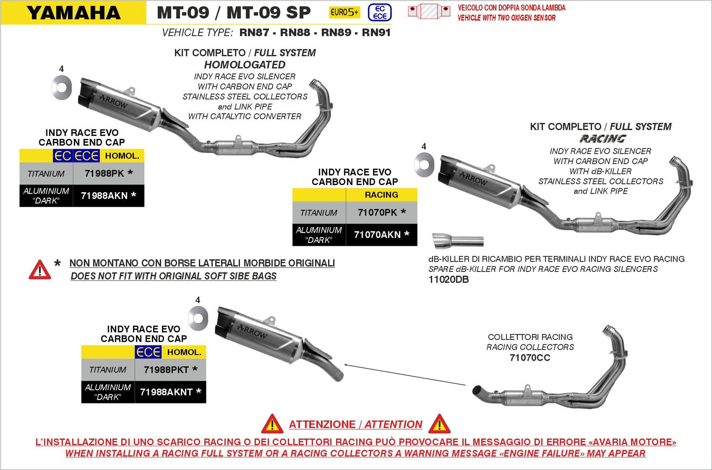 Yamaha MT-09 / MT-09 SP 2024-2025 Arrow udstødning. Slip-on udstødninger, komplette udstødninger, manifold/forrør. Find det hos Pitboxen.dk