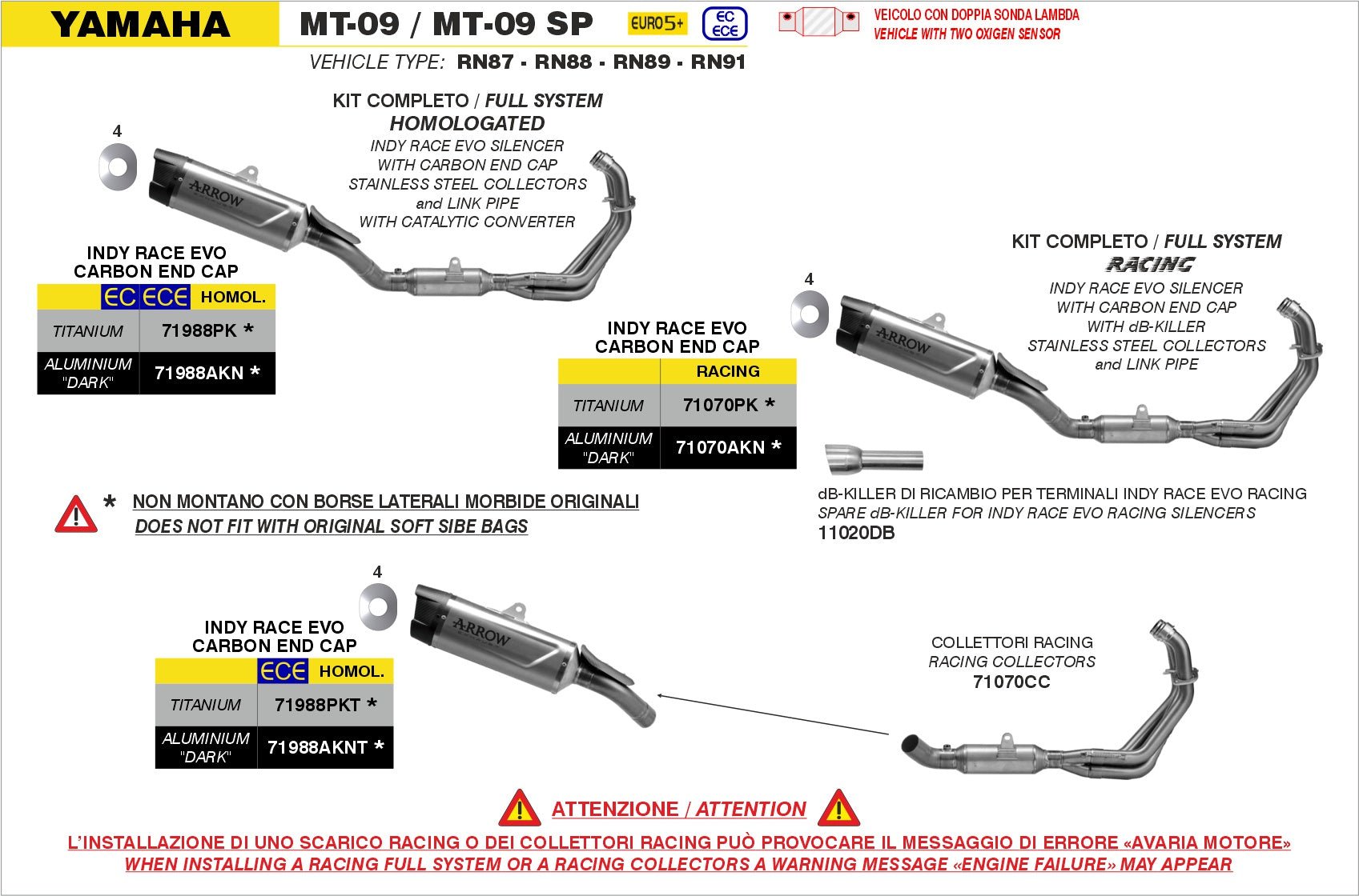 Yamaha MT-09 / MT-09 SP 2024-2025 Arrow udstødning. Slip-on udstødninger, komplette udstødninger, manifold/forrør. Find det hos Pitboxen.dk