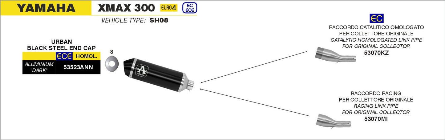 Yamaha XMAX 300 2017-2020 Arrow udstødning. Slip-on udstødninger, komplette udstødninger, manifold/forrør. Find det hos Pitboxen.dk